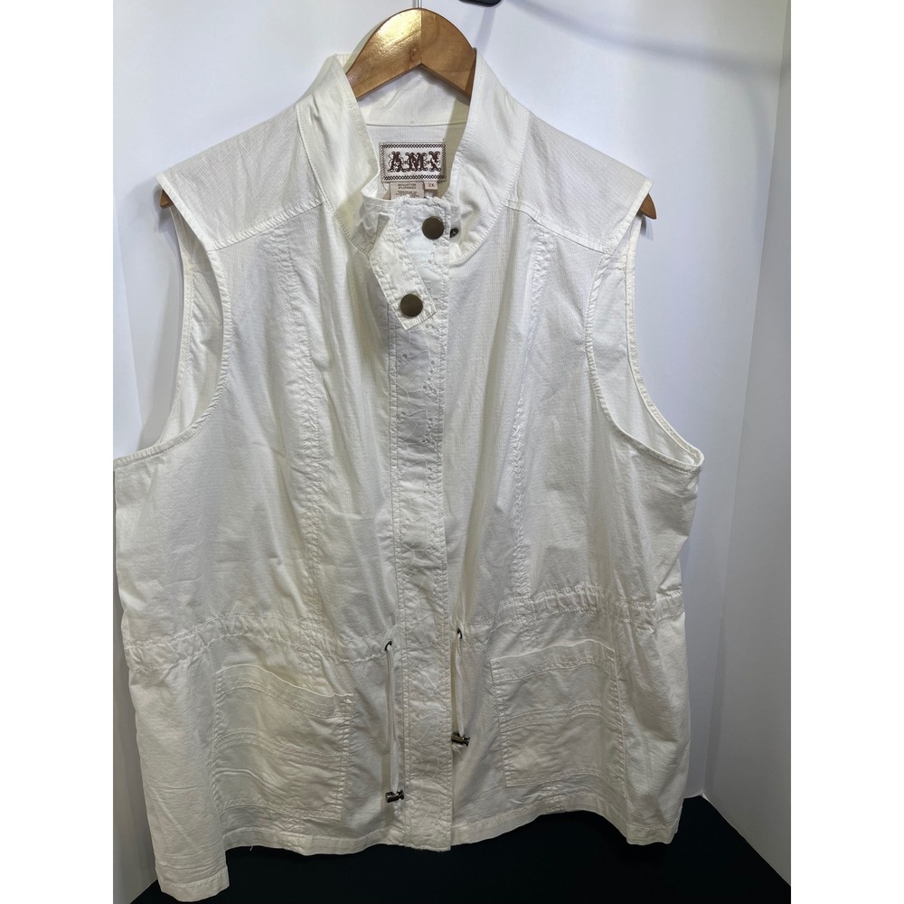 AMI White Cotton Ripstop Utility Vest Eyelet Embroidery Plus Size 2X Drawstring